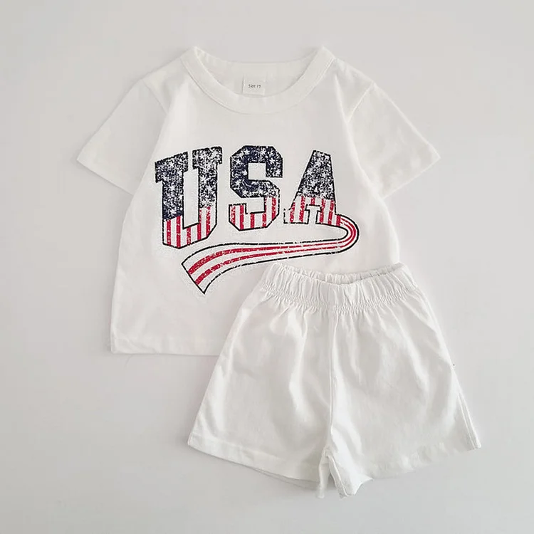 Baby Boy/Girl Summer USA Print Graphic T-shirt and Solid Color Shorts Set