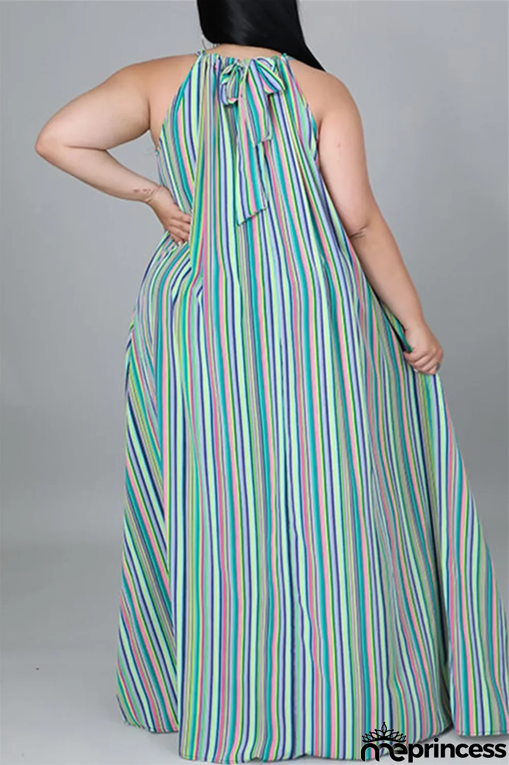 Light Blue Fashion Casual Plus Size Striped Print Backless O Neck Sleeveless Dress