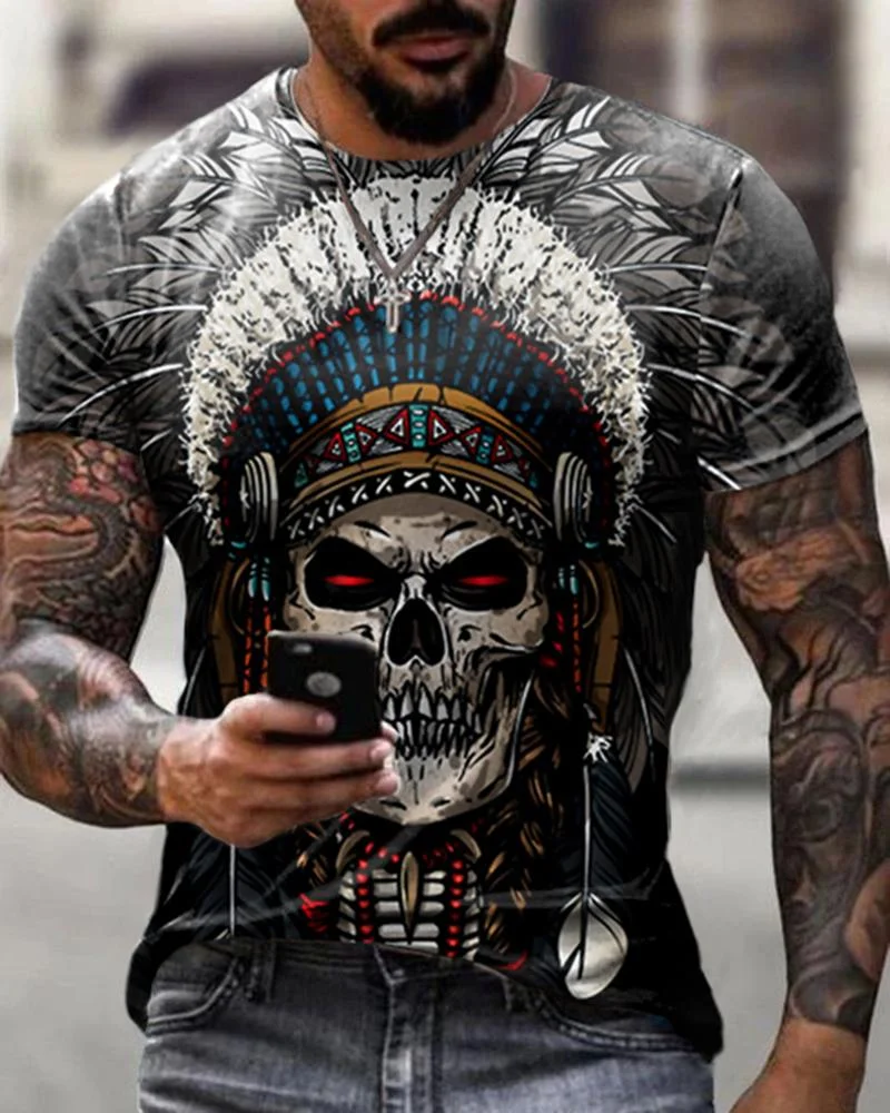 Casual Retro Feather Skull Short Sleeve T-shirt