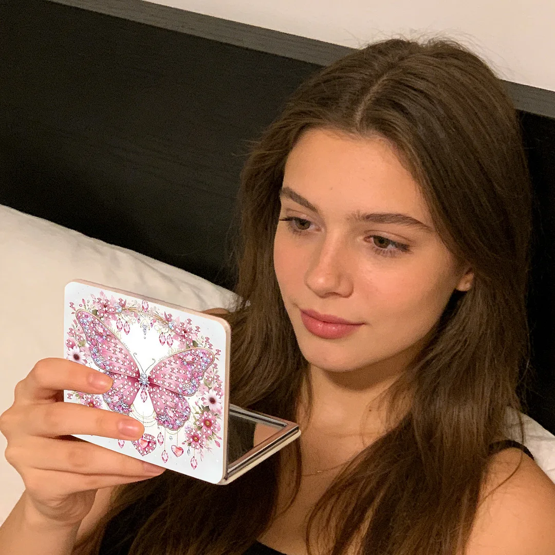 Pink Butterfly DIY Special Shaped Diamond Painting Compact Mirror Kits Diamond Art Painting Pocket Mirror for Beginners Adults Art Craft Woman Gifts