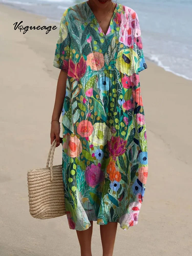 Oil Painting Flowers And Plants Printed Women's Casual Cotton And Linen Dress