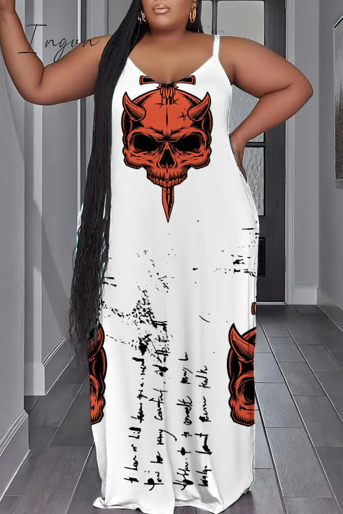 Ingvn - White Sexy Casual Print Backless Spaghetti Strap Long Dress Plus Size Dresses / Xs Plus Size