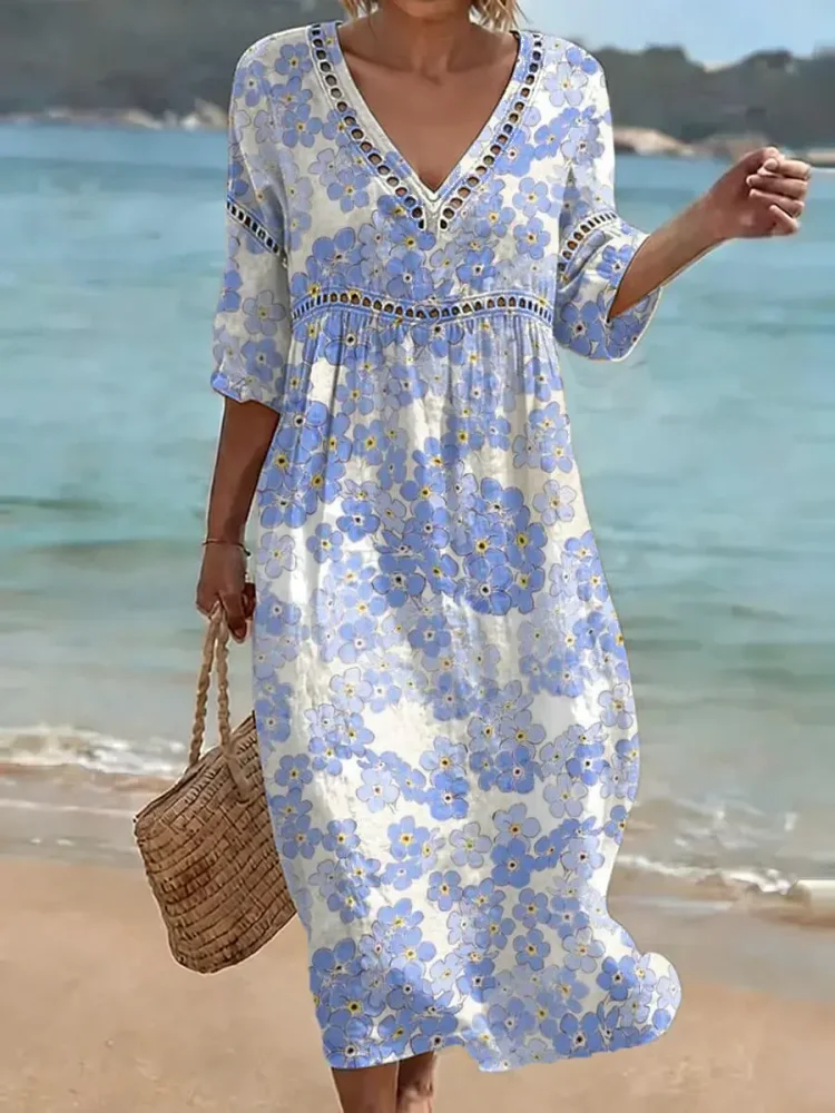 Women's Retro Floral Pattern Art Print Casual Stylish Cotton Linen Dress