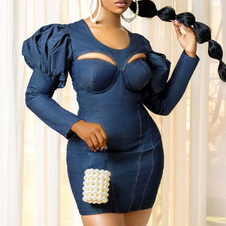 Solid Lantern Sleeve Hollow Out Bodycon Dress - IRBOOM Fashion Clothing