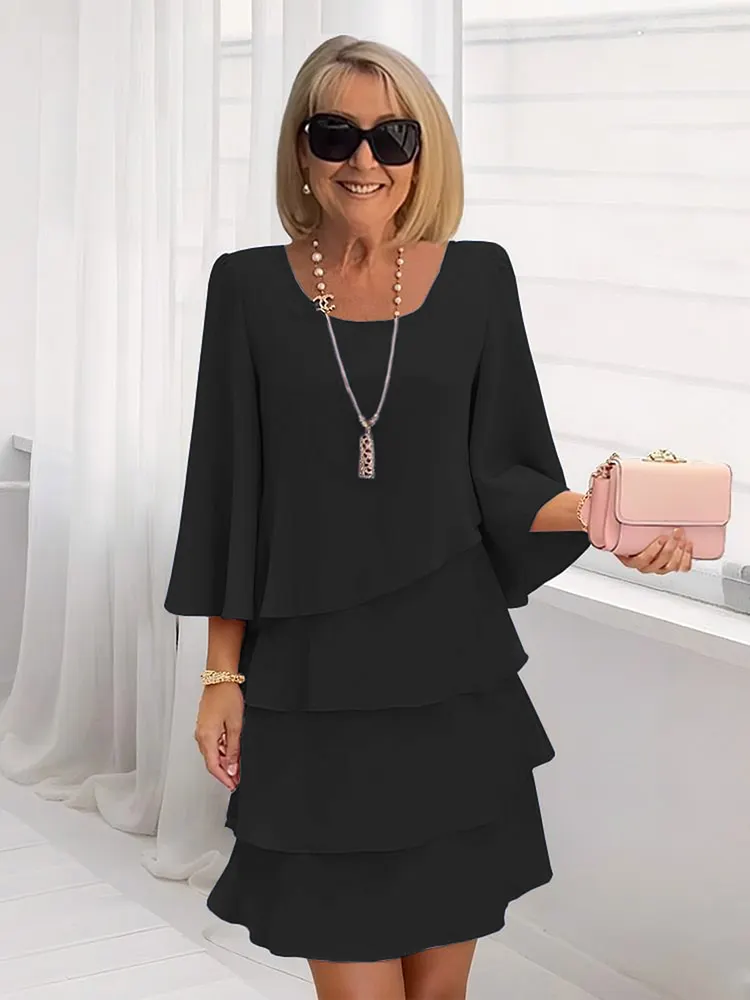 Fashion Cake Skirt Women's Temperament Loose and Thin Round Neck Dress