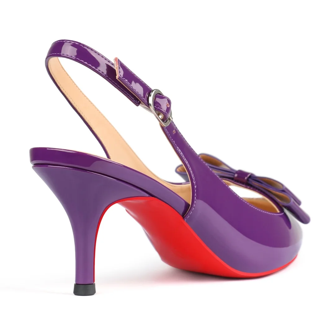 65mm Women's pointed Toe Bowknot Kitten Heel Slingback Pumps Red Bottom Patent Shoes-MERUMOTE