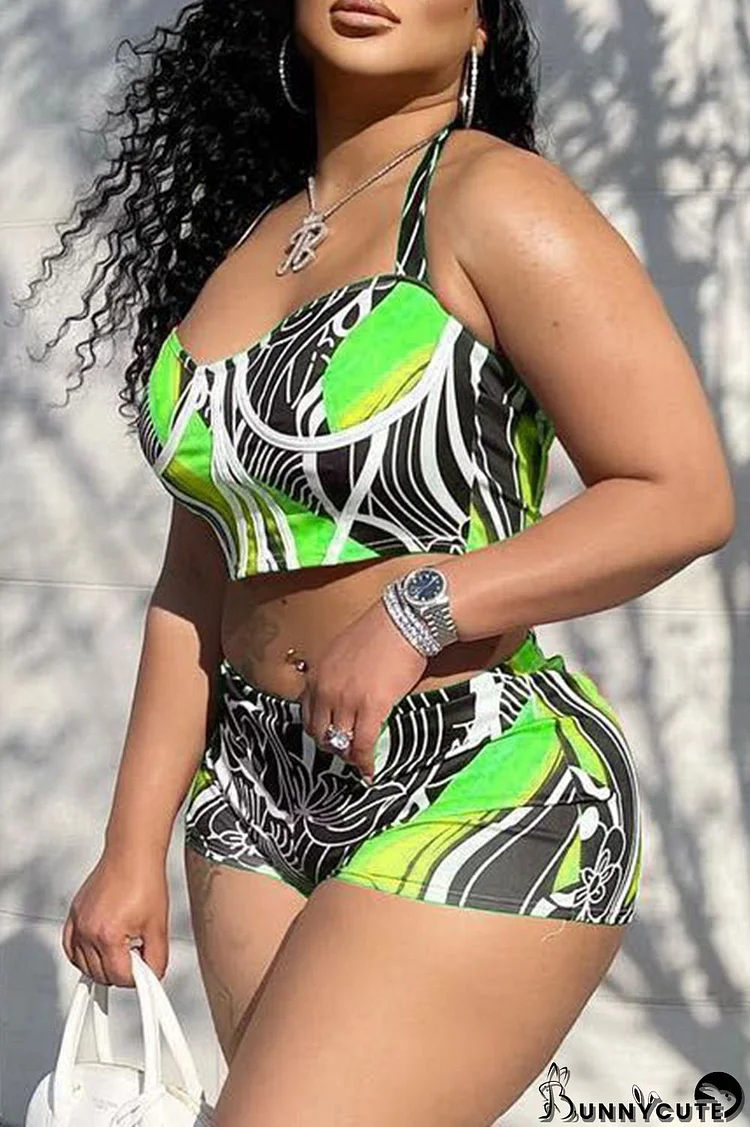 Grass Green Sexy Casual Print Backless Spaghetti Strap Sleeveless Two Pieces