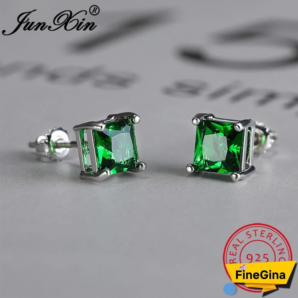 925 Sterling Silver 6mm Princess Cut Green Emerald Stud Earrings Square Cut Crystal Screwback Stud Earrings