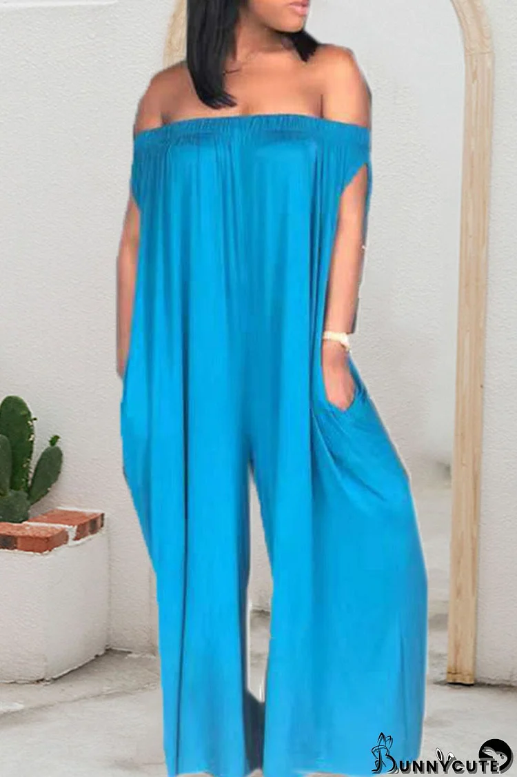 Blue Casual Solid Patchwork Off the Shoulder Straight Jumpsuits