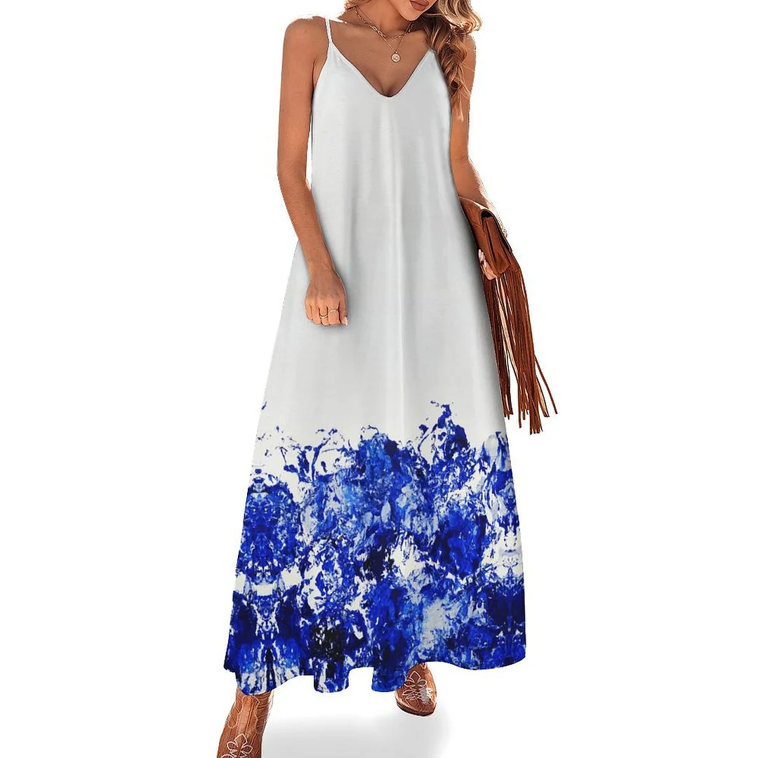 Style & Comfort for Mature Women Plus Size Printed Sling Casual Women Maxi Dress in Pattern Blue, Abstract