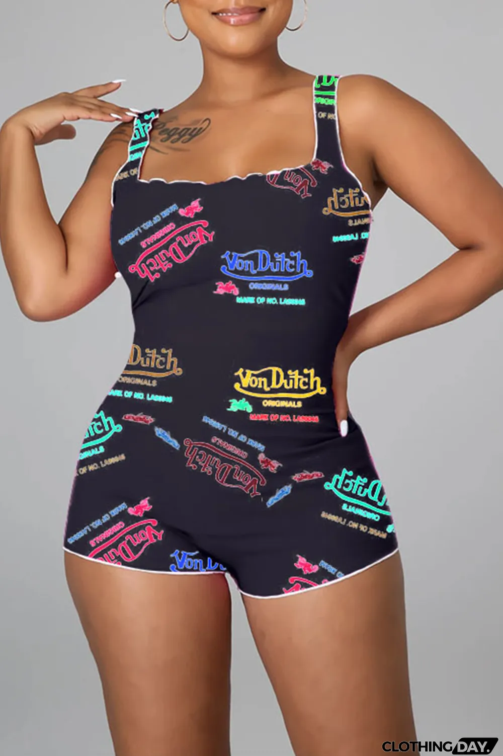 White Sexy Print Patchwork Square Collar Skinny Jumpsuits