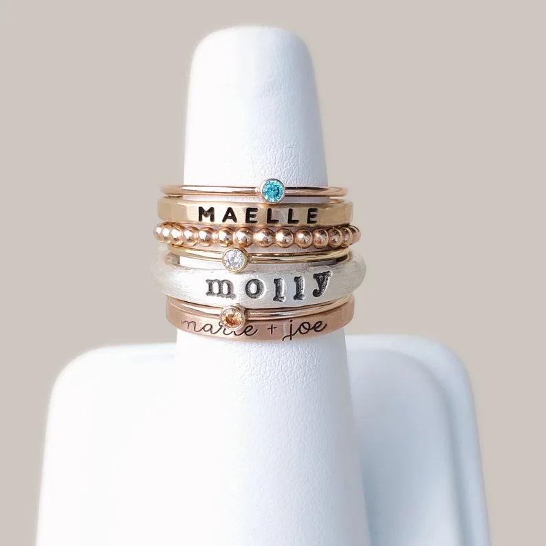 Ursive Name Ring Mixed Metal Stackable Name Birthstone Ring Rings for Parents Family and Friends