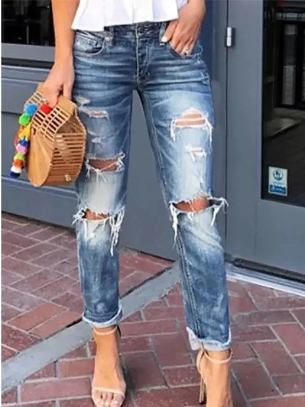 Women Loose Boyfriend Jeans Stretchy Ripped Distressed Joggers Denim Pants