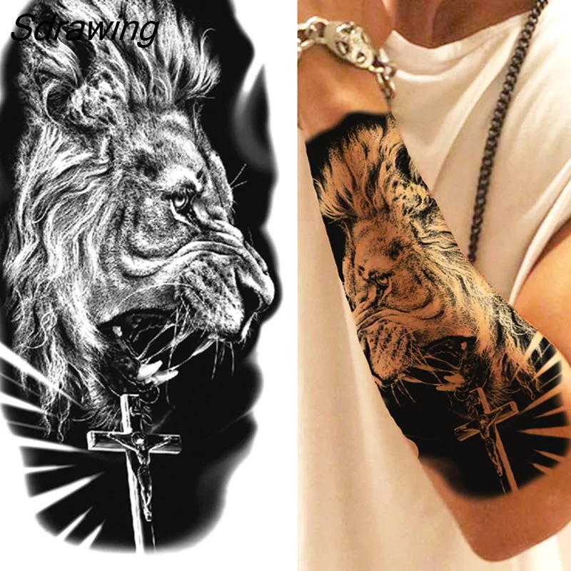 Sdrawing Tiger Temporary Tattoo For Men Women Fake Lion Half Sleeve Skull Tattoos Sticker Black Beast Flower Skeleton Tatoos Paste