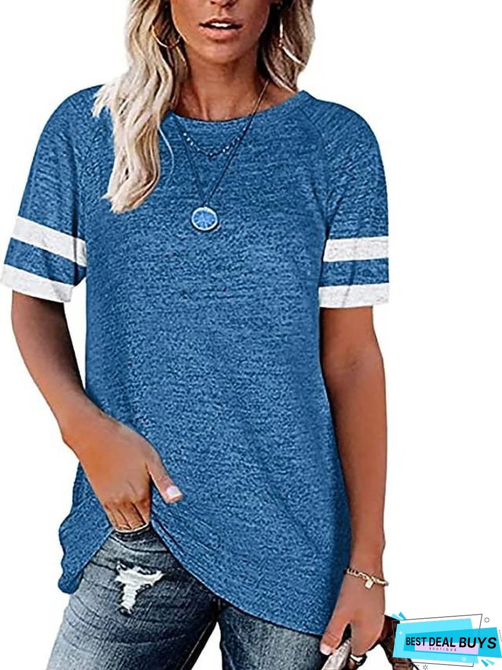 Women's T-Shirt Plain Patchwork Round Neck Tops Cotton Basic Top Black Blue Wine