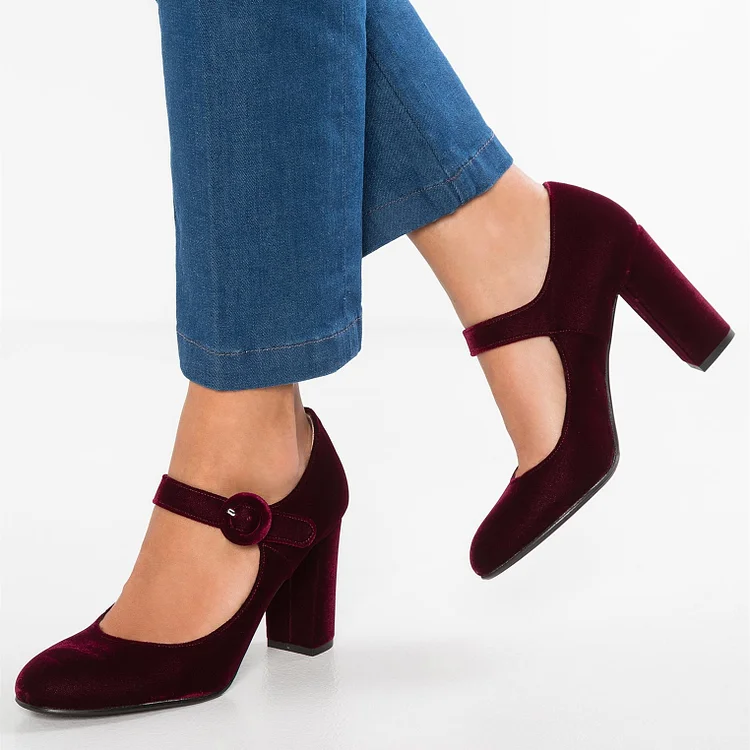 Maroon Velvet Chunky Heel Mary Jane Pumps for Women |FSJ Shoes