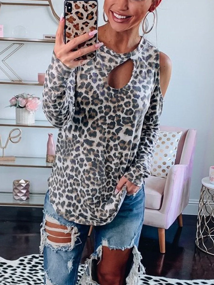 Cute Open Shoulder Cut Out Leopard T-Shirts