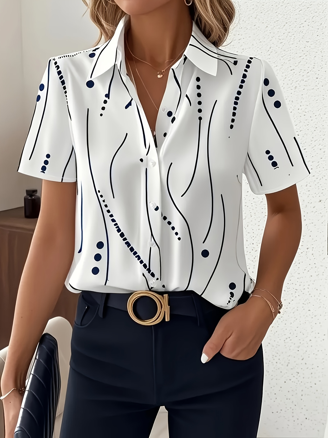 Lightweight Women's V-Neck Striped Print Blouse | Navy & White Horizontal Stripes, Machine Washable, Breathable Material, No Stretch Fabric, Casual & Formal Wear, Stylish Office Attire | IFYHOME