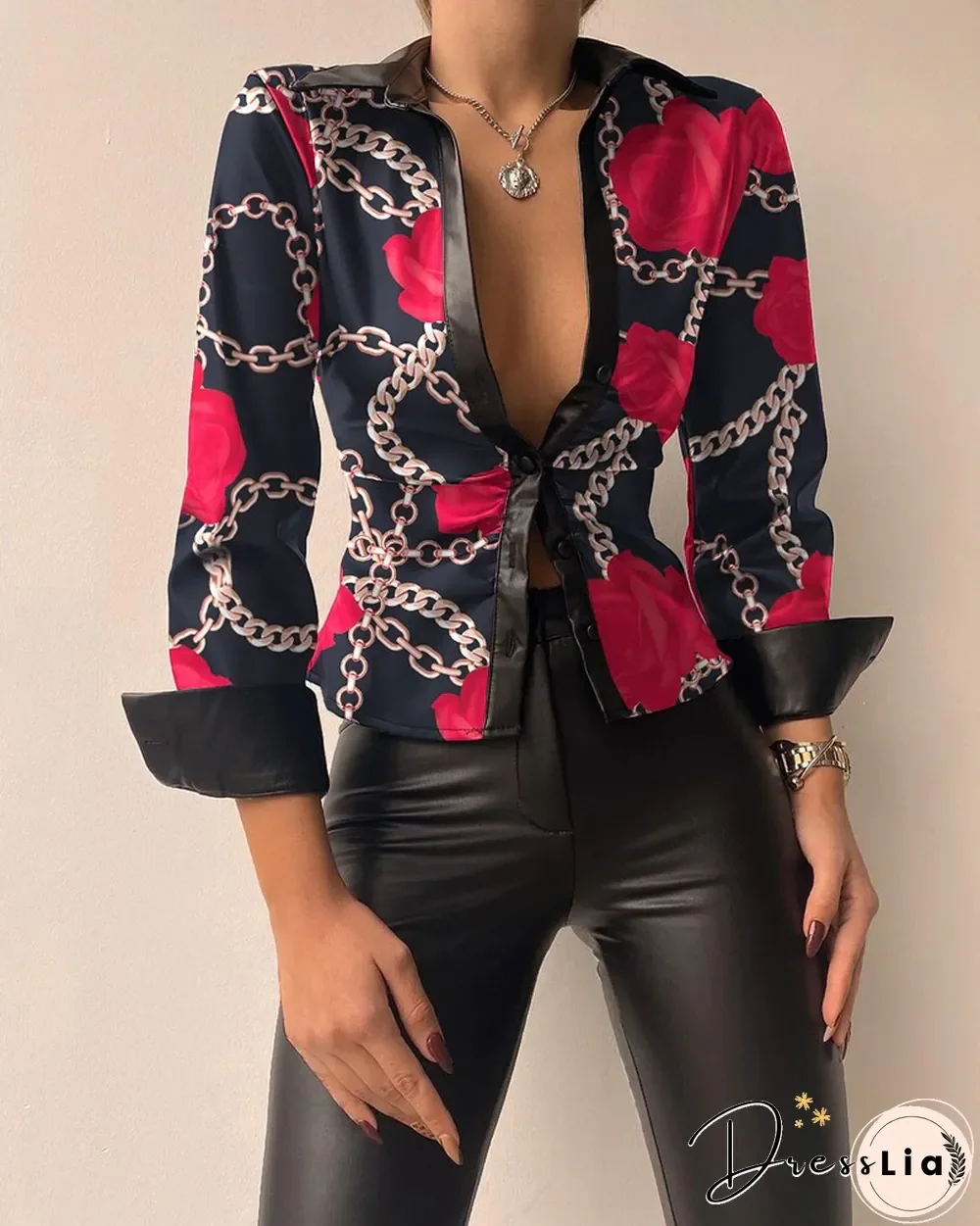 Spring Long-sleeved V-neck PU Leather Stitching Women's Leather Jacket Soldi Color Print Slim Coat Jackets For Women