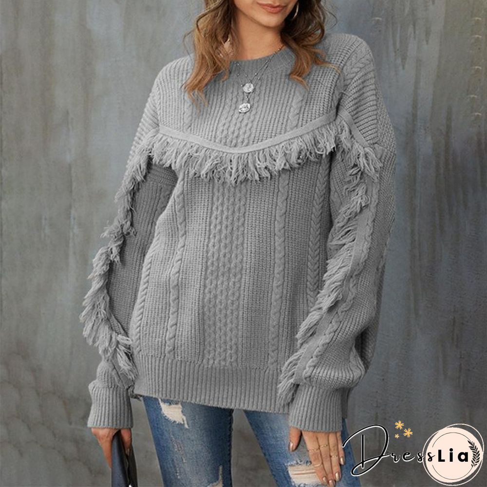 Round Neck Loose Tassel Twist Solid Color Sweater