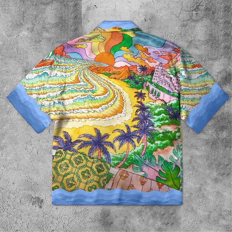 Broswear Rainbow Literary Style Printed Short Sleeve Silk Shirts