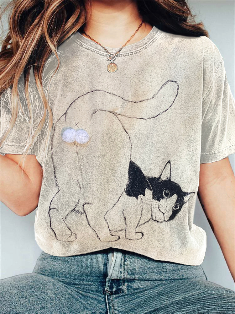 Comstylish Funny Cat Print Casual Vintage Cotton T-Shirt