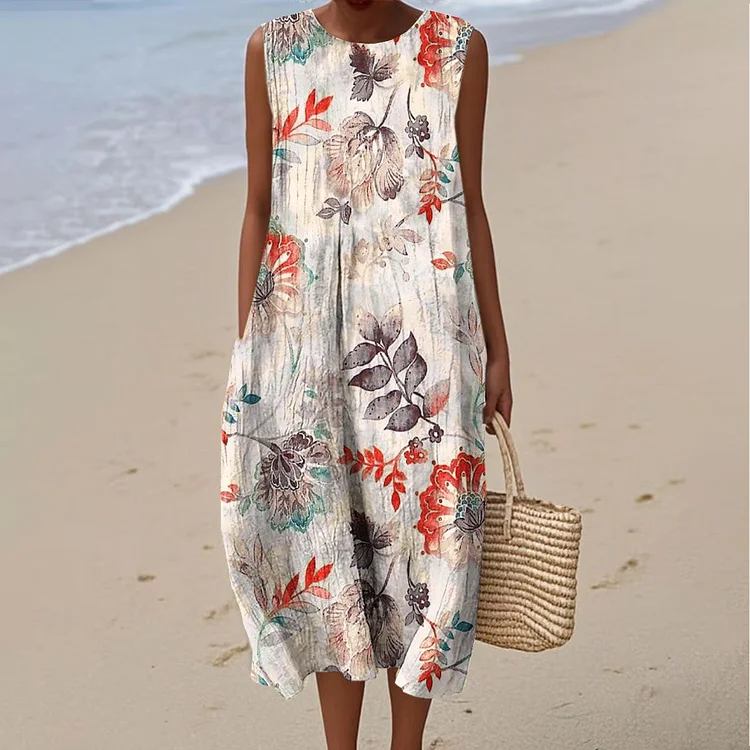 Women's Vintage Floral Art Print Sleeveless Cotton Pocket Wrap Dress