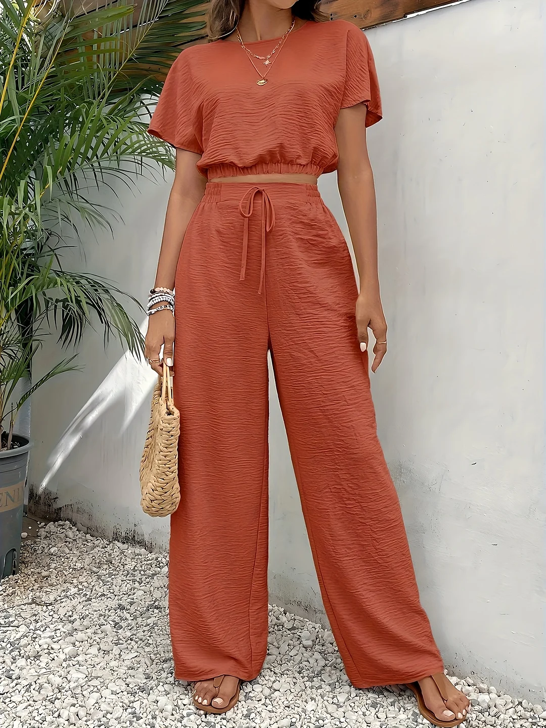 Women's Two-Piece Casual Outfit - Short Sleeve Top With Drawstring Waist Pants, Solid Color, X-Line Silhouette, Spring/Summer Collection, Casual Attire | Xline Silhouette | Drawstring Waist Pant | IFYHOME