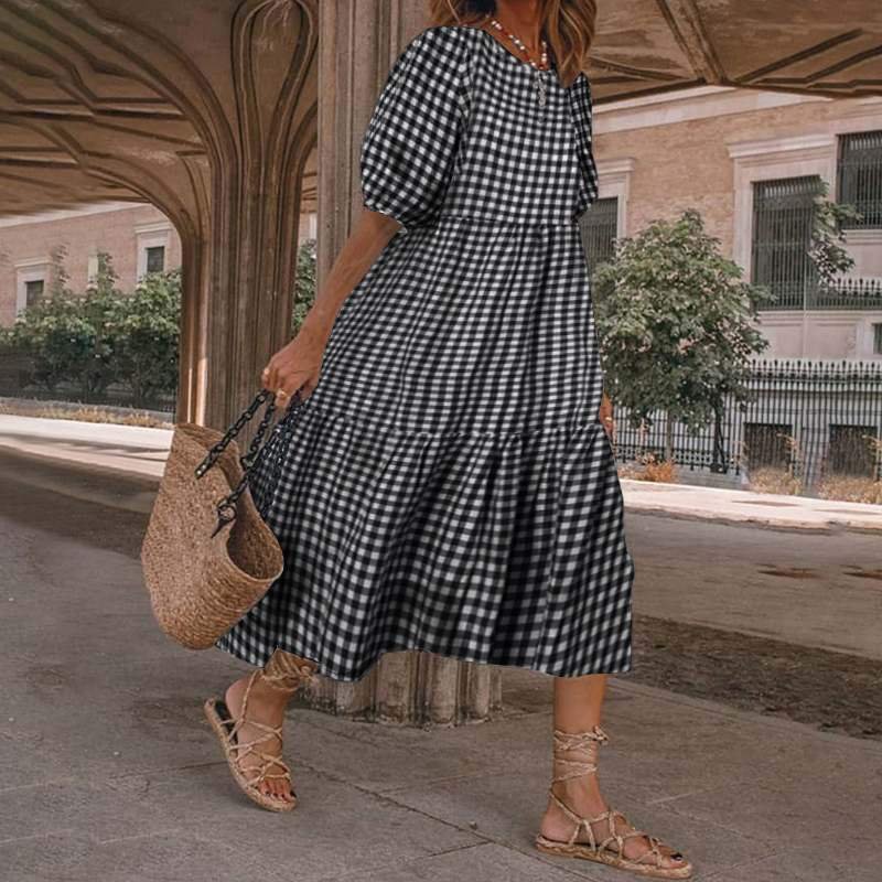 ⚡NEW SEASON⚡Lantern sleeve round neck plaid skirt dress