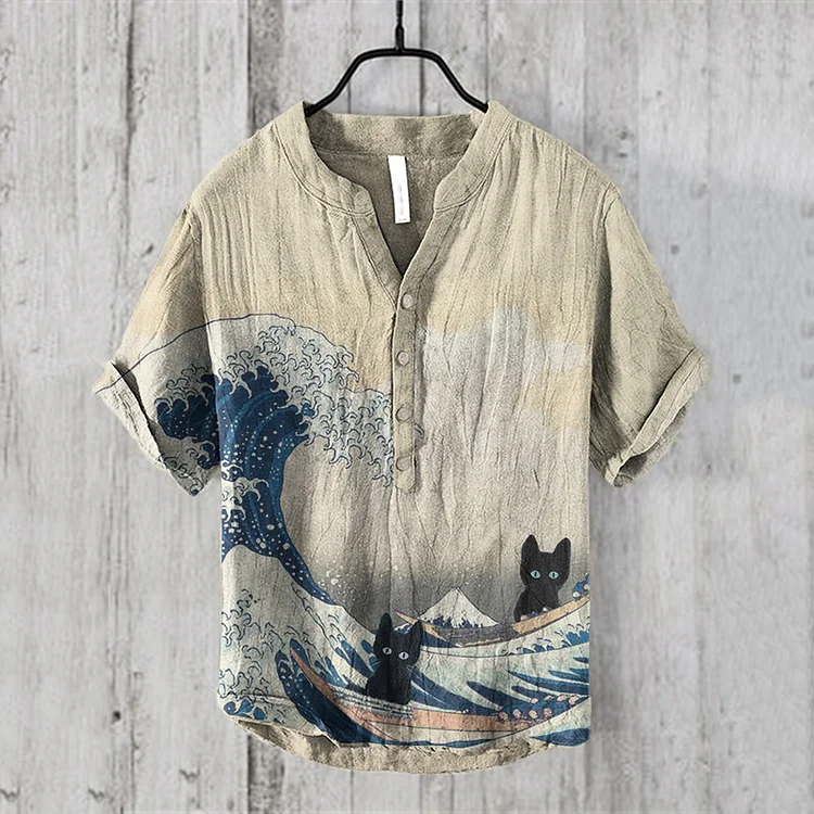 Japanese Kanagawa Wave & Black Cats Art Print Henry Collar Shirt