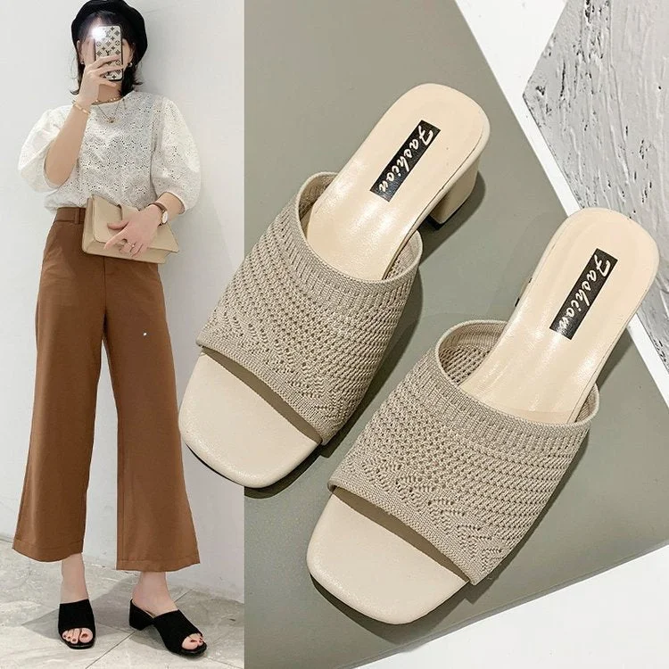 Women Slippers 2022 summer Fashion Fly Weave Outdoor Sandals Women Closed Toe Comfort Slippers Women Medium Heel Slippers