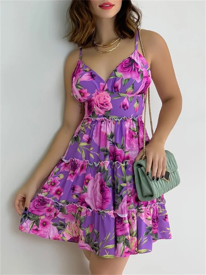 Fashion Print Suspender Flounce Dress