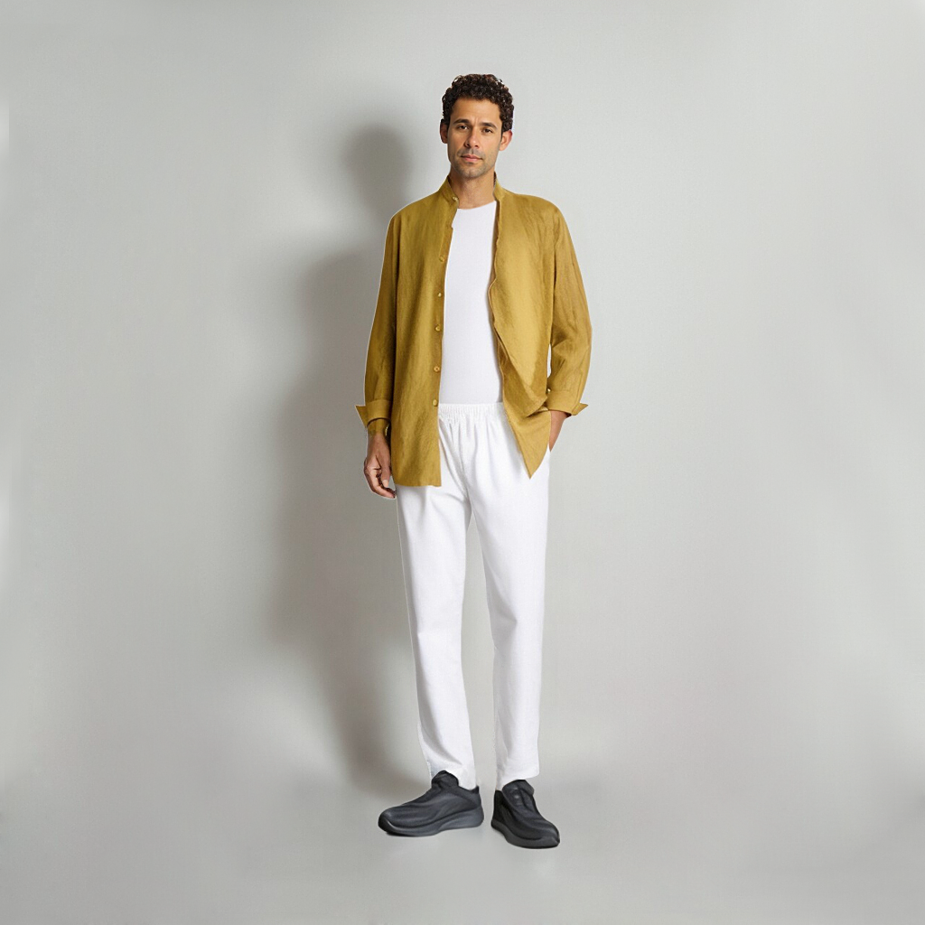 100% European Linen Men's Stand Collar Shirt Top REAL SILK LIFE
