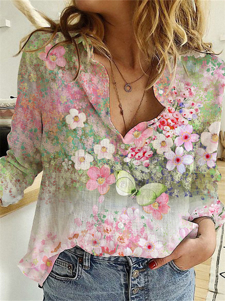New Women's Fashion Gradient Color Printing Women's Shirts Loose Long-sleeved Tie-dye Shirt