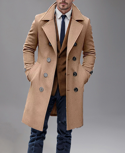 Business Tailored Collar Double Breasted Slant Pocket Woolen Overcoat