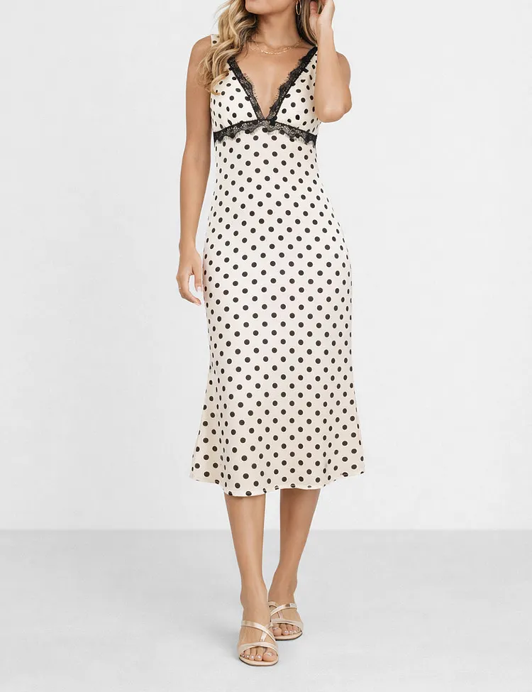 Ladies Chic Polka Dot Lace Trim V-Neck Sleeveless Midi Dress