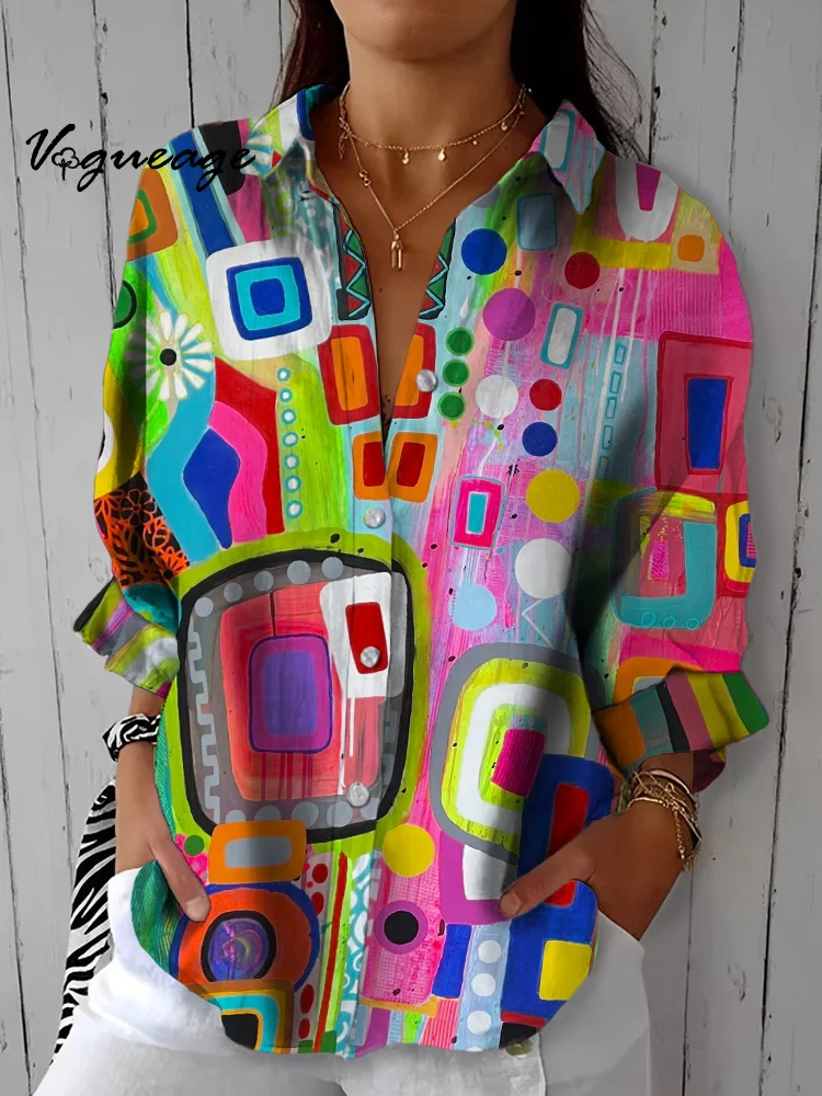 Fashionable And Beautiful Square Dot Stitching Printed Cotton And Linen Shirt