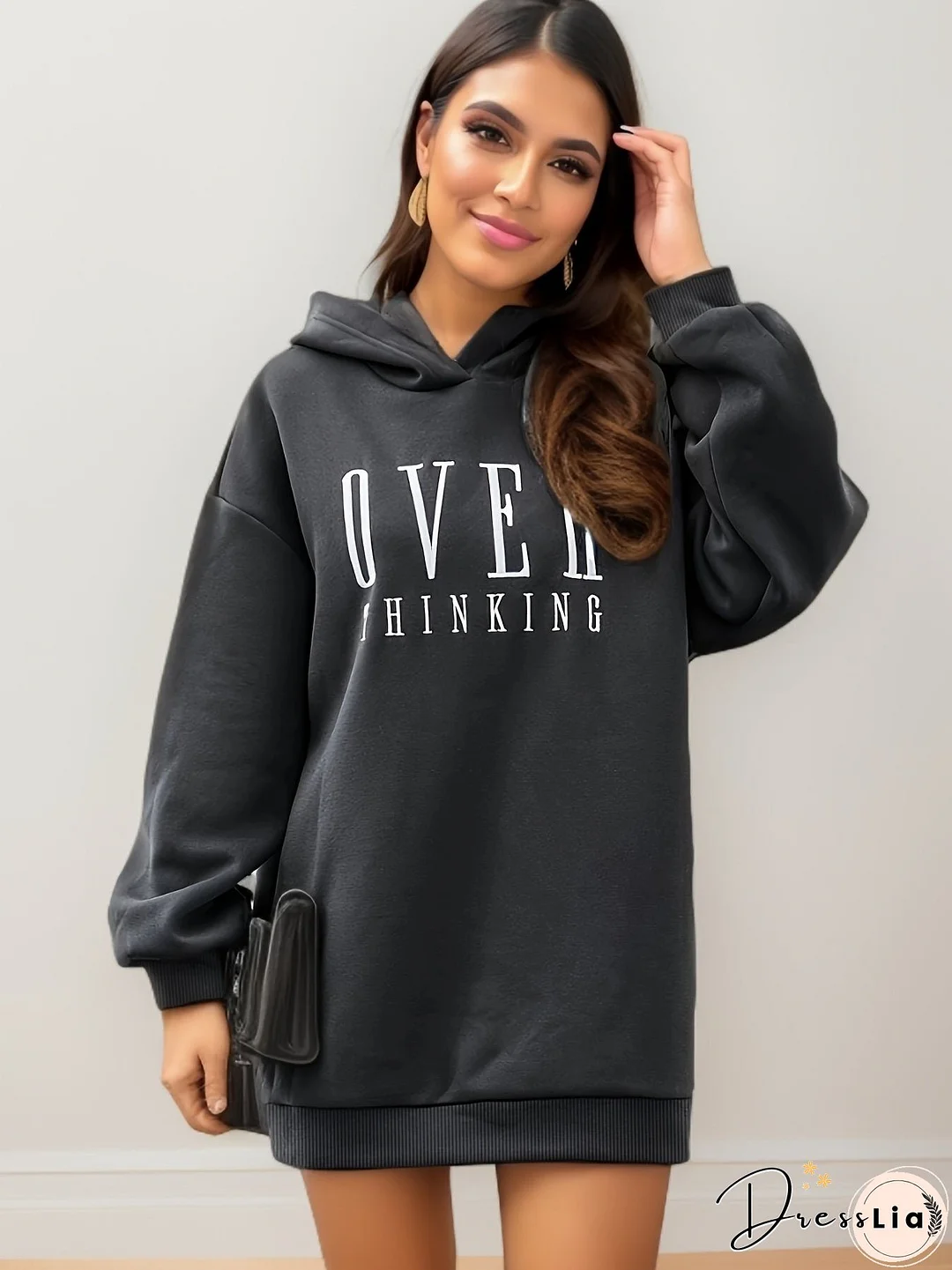 xieyinshe Letter Print Simple Hoodie, Casual Long Sleeve Drop Shoulder Hoodie, Women's Clothing