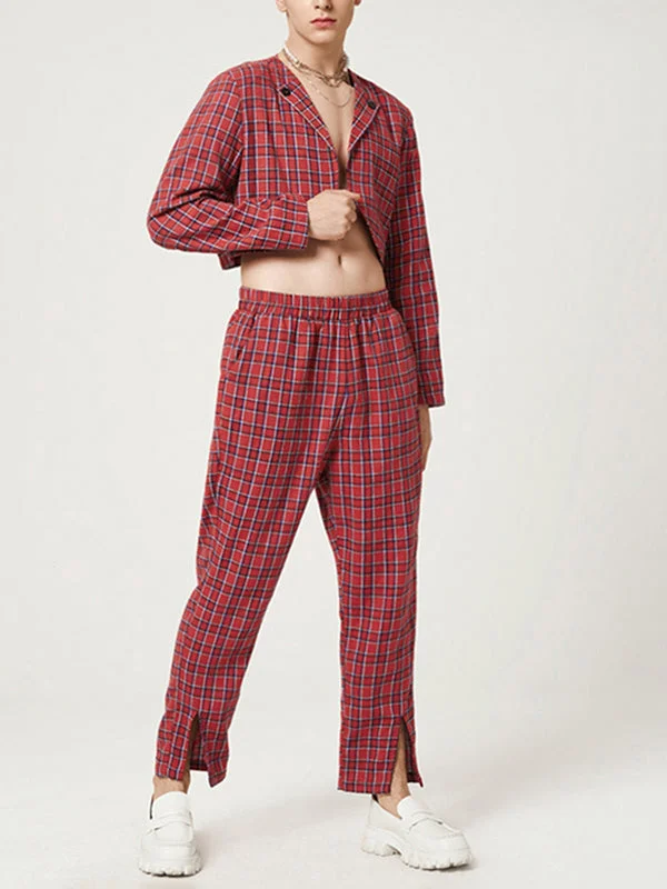 Mens Plaid Long Sleeve Two Pieces Outfits SKUJ89958