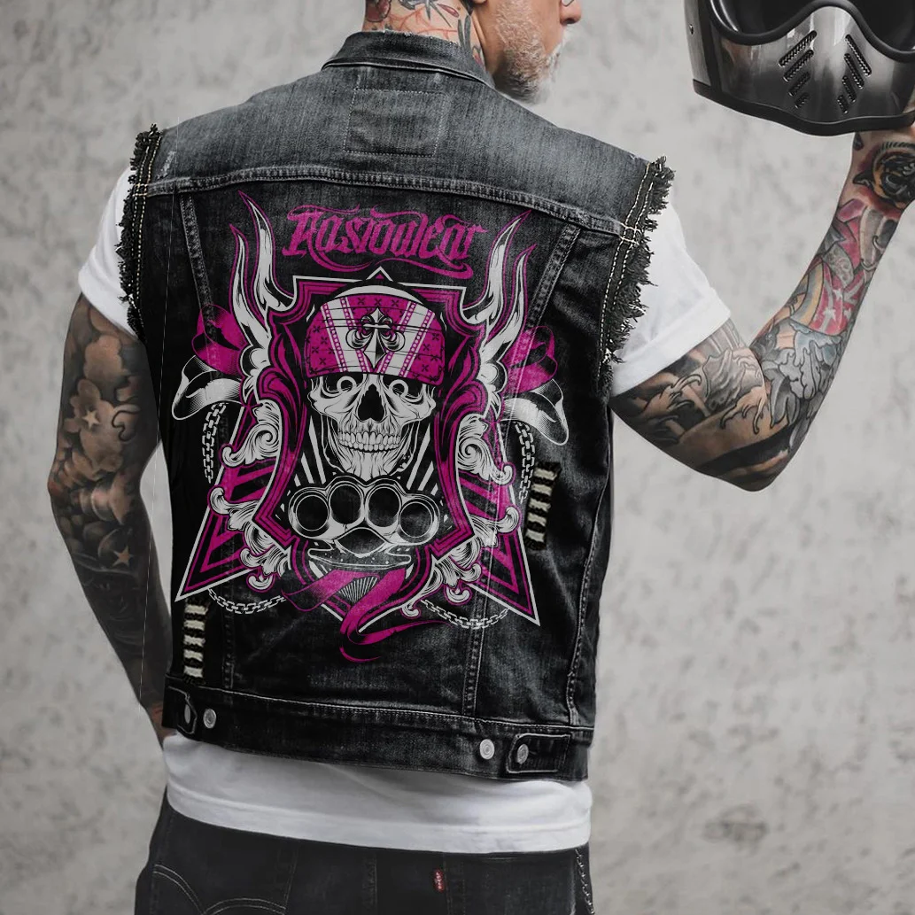 ROSIOWEOT Helmet Skull Print Men's Denim Vest Jacket