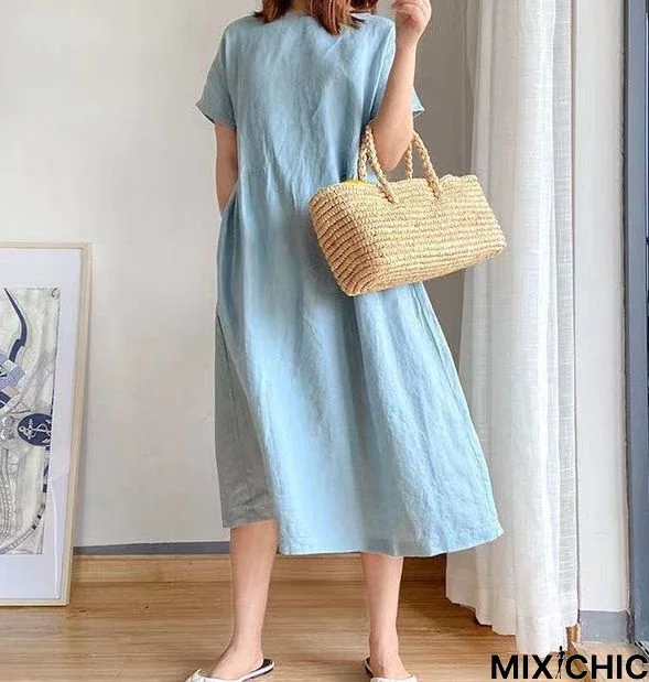 Color-Block Vintage Crew Neck Linen Weaving Dress