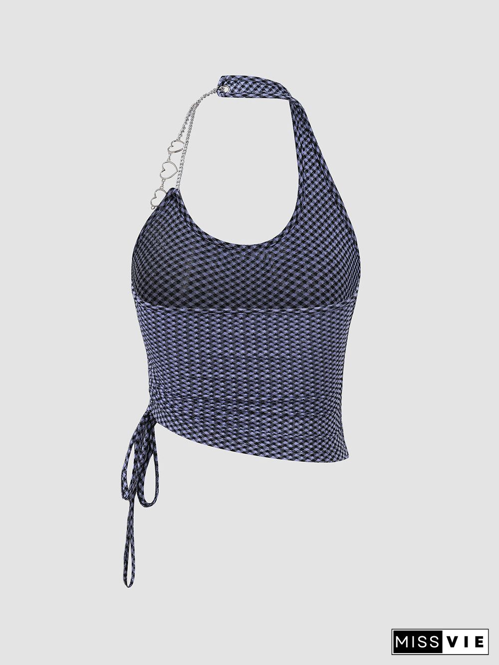 Check Pattern Chain Halter Open Back Drawstring Tank Top
