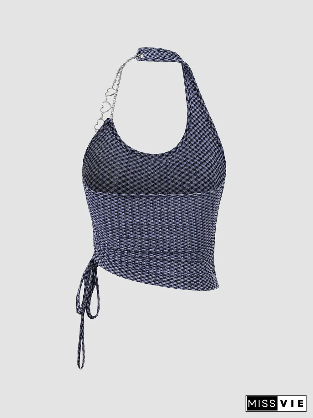 Check Pattern Chain Halter Open Back Drawstring Tank Top