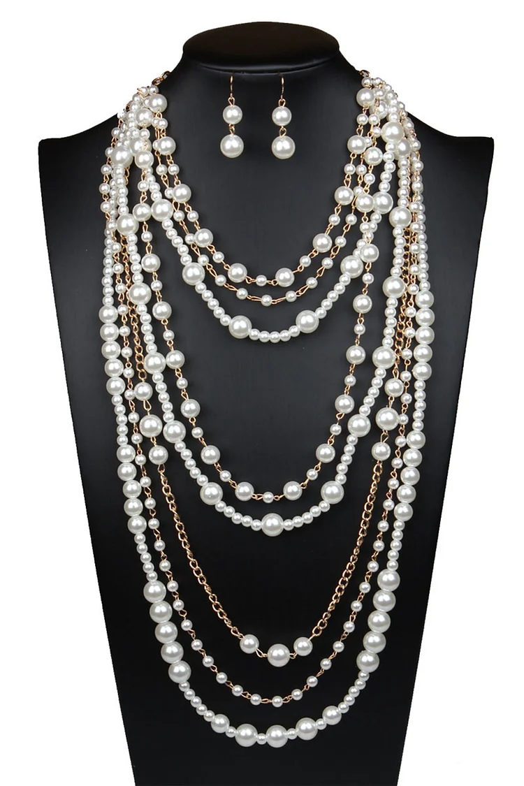 Elegant White Multi-Layer Pearl Necklace Earring Jewelry Set 2024 - Xpluswear