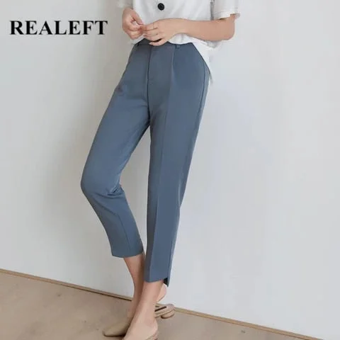 pornhint Pornhint REALEFT Spring 2023 New Korean OL Style Women's Formal Harem Pants Pockets High Waist Elegant Office Lady Ankle-Length Pants