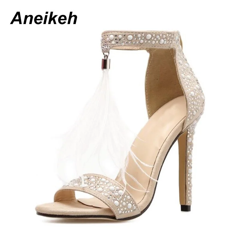 Aneikeh Sexy Women Sandals Pumps Summer Rhinestone Fringe Zipper Feather High Heel Apricot Women Wedding Pumps Shoes Size 35-40