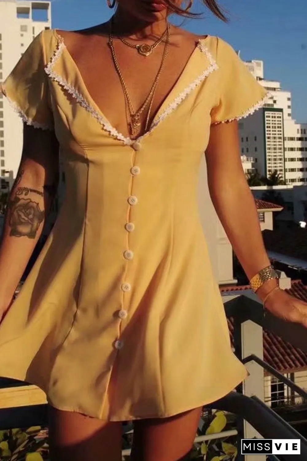 Fashion Street Solid Split Joint V Neck A Line Dresses