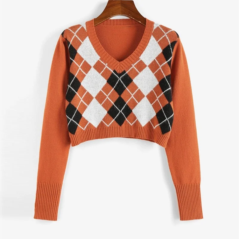 Cropped Argyle Sweater Women V Neck Long Sleeve Pullover Elegant Knit Sweater Top 2021 Fashion Za Style Autumn Jersey Mujer