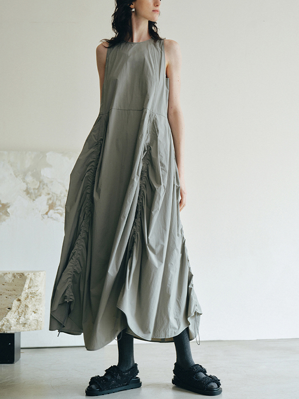 Drawstring Ruched Sleeveless Solid Color Loose Maxi Dress