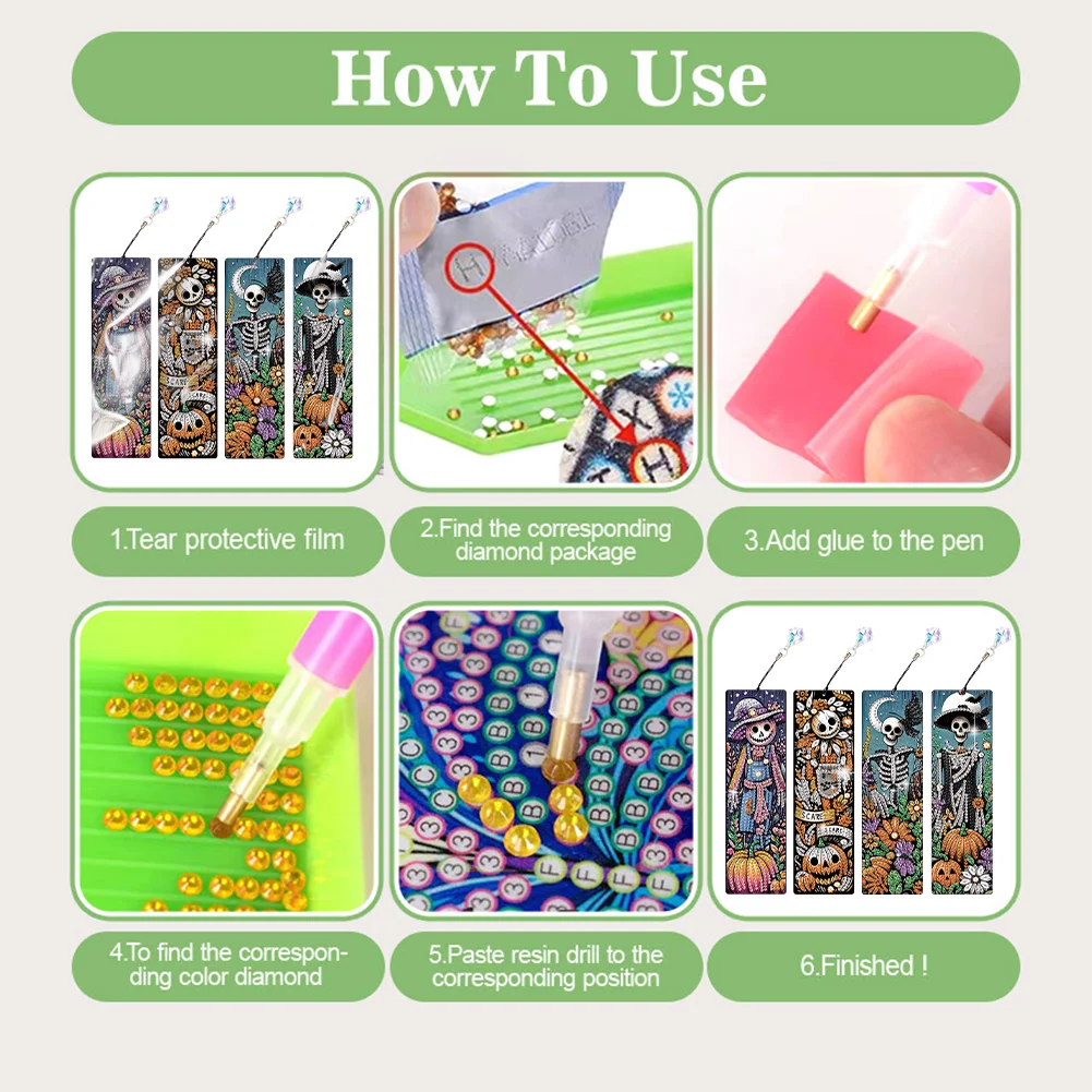 4Pcs Halloween Pumpkin Skull Themed DIY Diamond Painting Bookmark for Book Lover